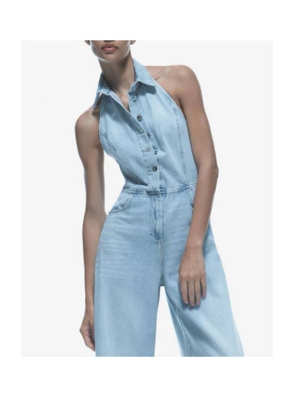 Zara Womens Denim Jumpsuit L Light Wash Halter Wide Leg Open Back 6147/125 NWT